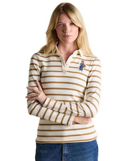 Tan Stripe Coloured Joules Womens Fairfield Jonty Polo Shirts on white background 