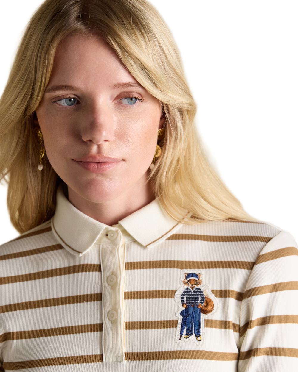 Tan Stripe Coloured Joules Womens Fairfield Jonty Polo Shirts on white background 