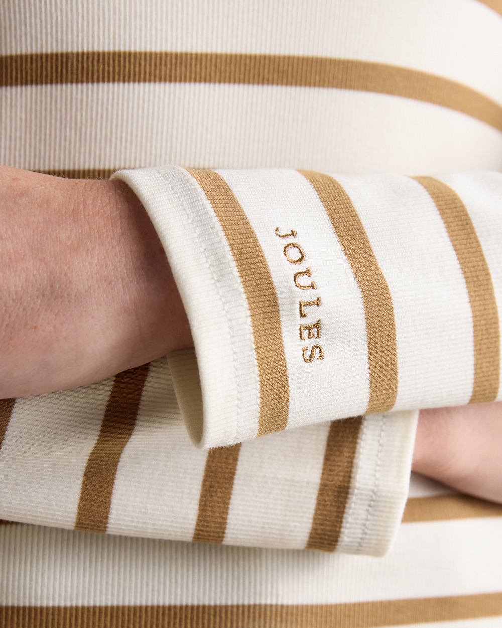 Tan Stripe Coloured Joules Womens Fairfield Jonty Polo Shirts on white background 