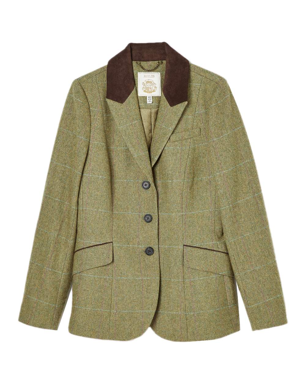 Khaki Green Coloured Joules Womens Fayfair Khaki Green Tweed Hacking Jacket on white background 