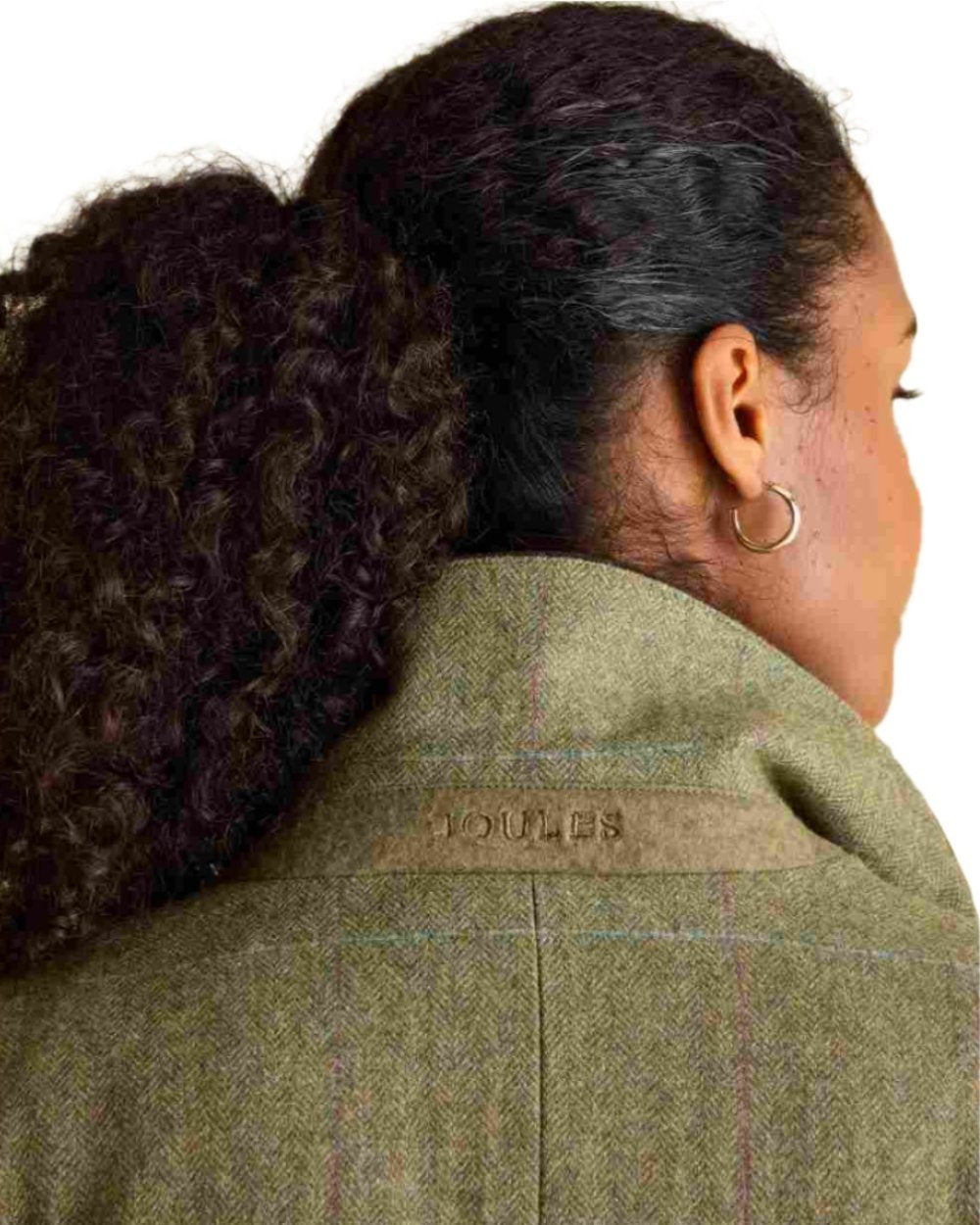 Khaki Green Coloured Joules Womens Fayfair Khaki Green Tweed Hacking Jacket on white background 