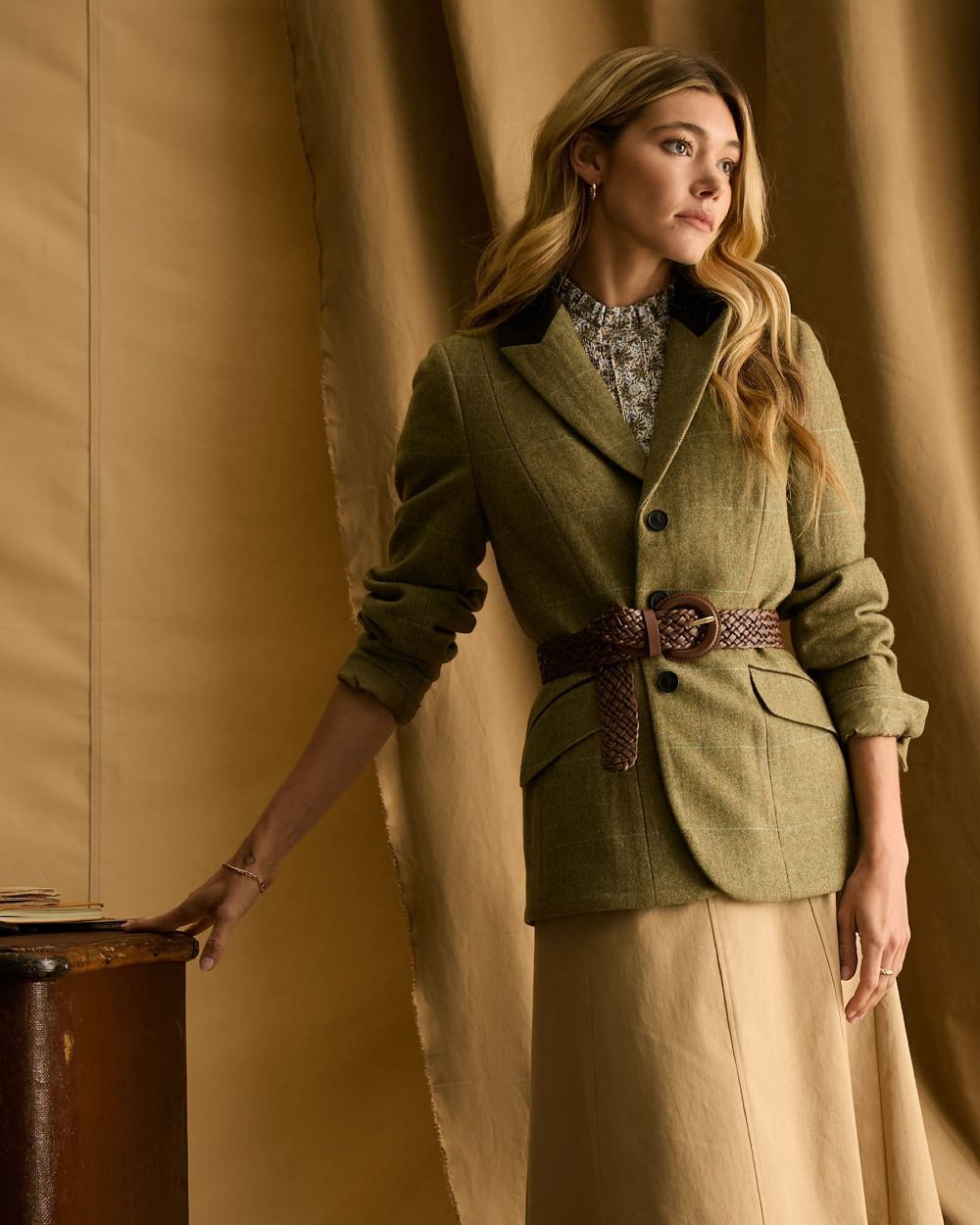 Khaki Green Coloured Joules Womens Fayfair Khaki Green Tweed Hacking Jacket on curtain background 