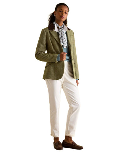 Khaki Green Coloured Joules Womens Fayfair Khaki Green Tweed Hacking Jacket on white background 