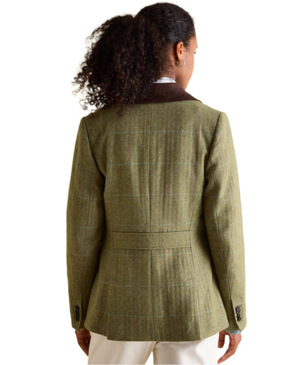 Khaki Green Coloured Joules Womens Fayfair Khaki Green Tweed Hacking Jacket on white background 