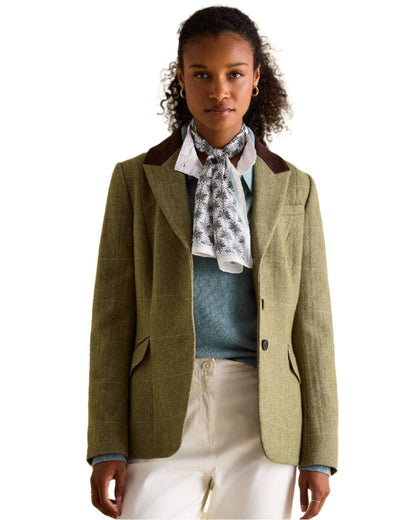 Khaki Green Coloured Joules Womens Fayfair Khaki Green Tweed Hacking Jacket on white background 