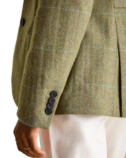 Khaki Green Coloured Joules Womens Fayfair Khaki Green Tweed Hacking Jacket on white background 