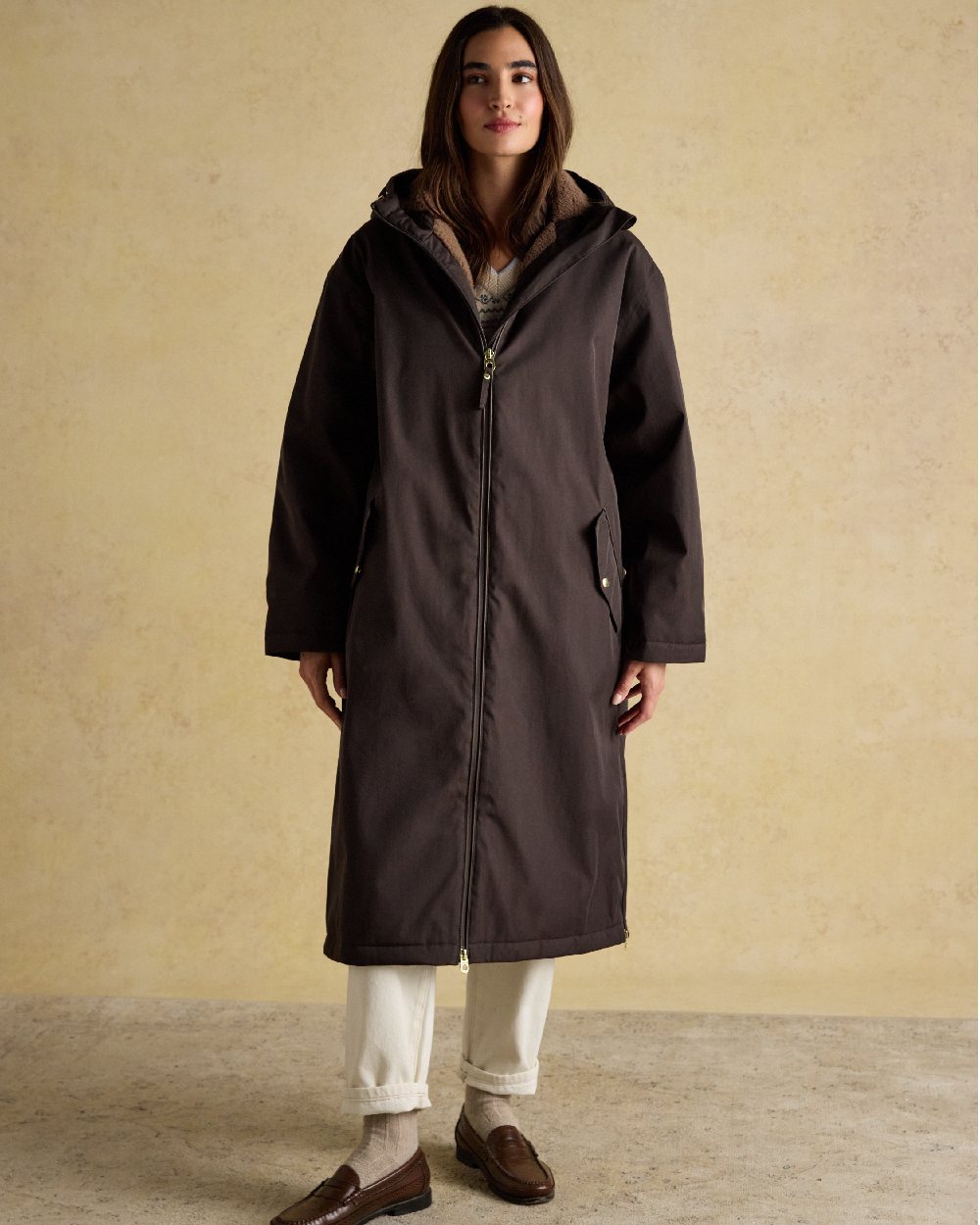 Chocolate Coloured Joules Womens Fleecelined Waterproof Coveralls on indoor background 