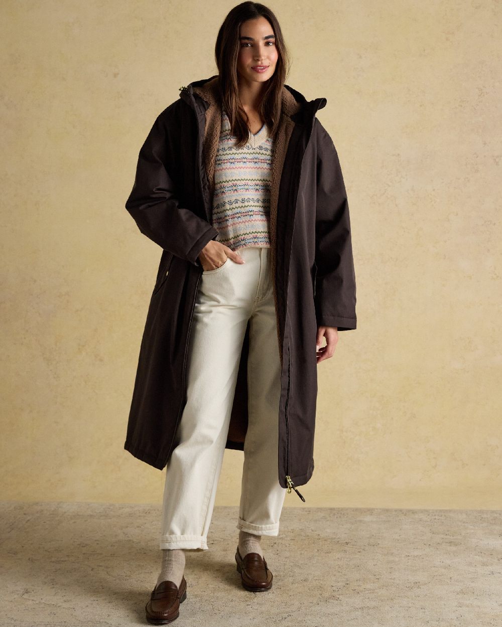 Chocolate Coloured Joules Womens Fleecelined Waterproof Coveralls on indoor background 