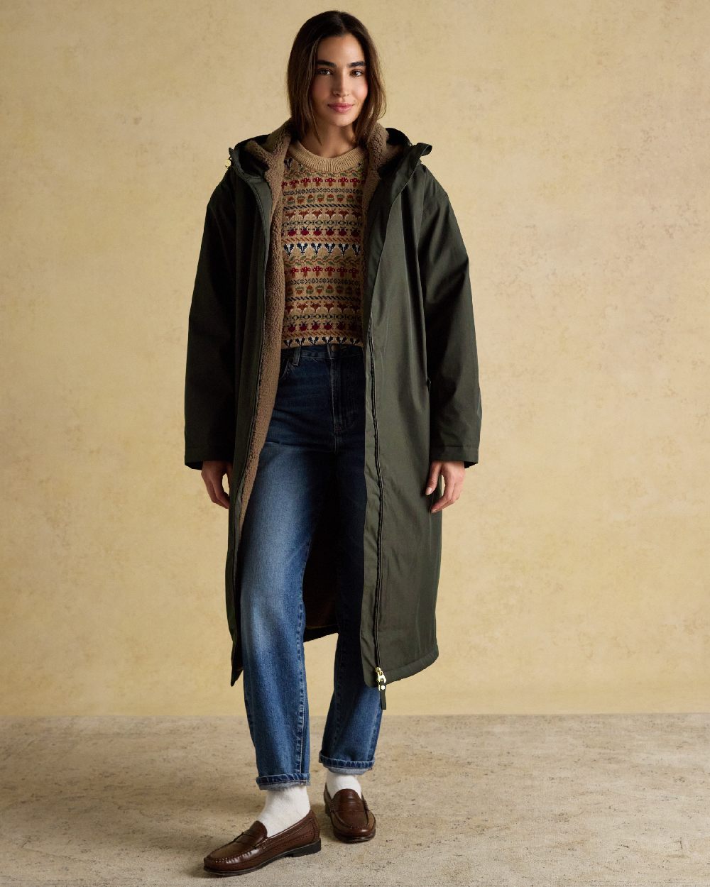 Rosemary Green Coloured Joules Womens Fleecelined Waterproof Coveralls on indoor background 