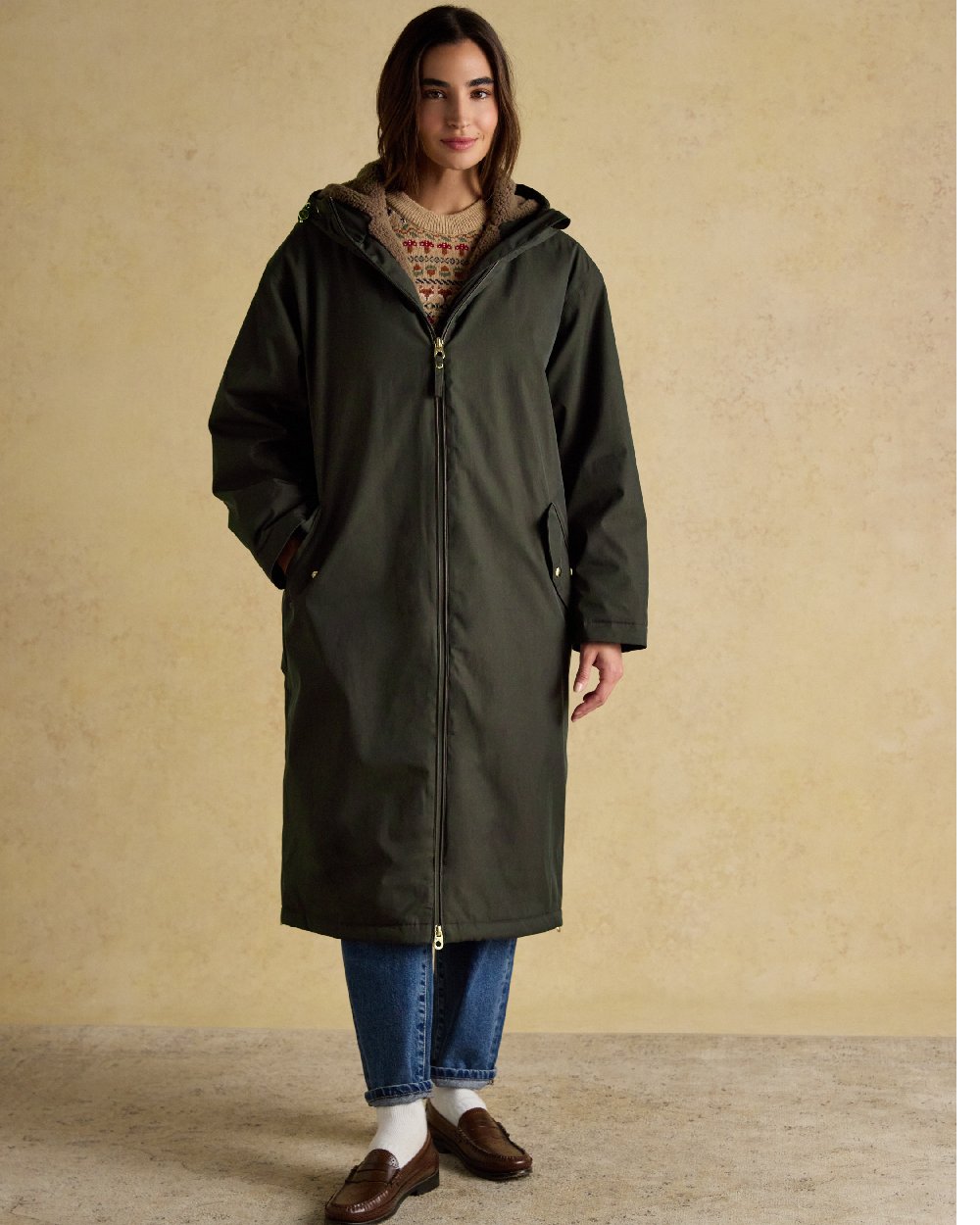 Rosemary Green Coloured Joules Womens Fleecelined Waterproof Coveralls on indoor background 