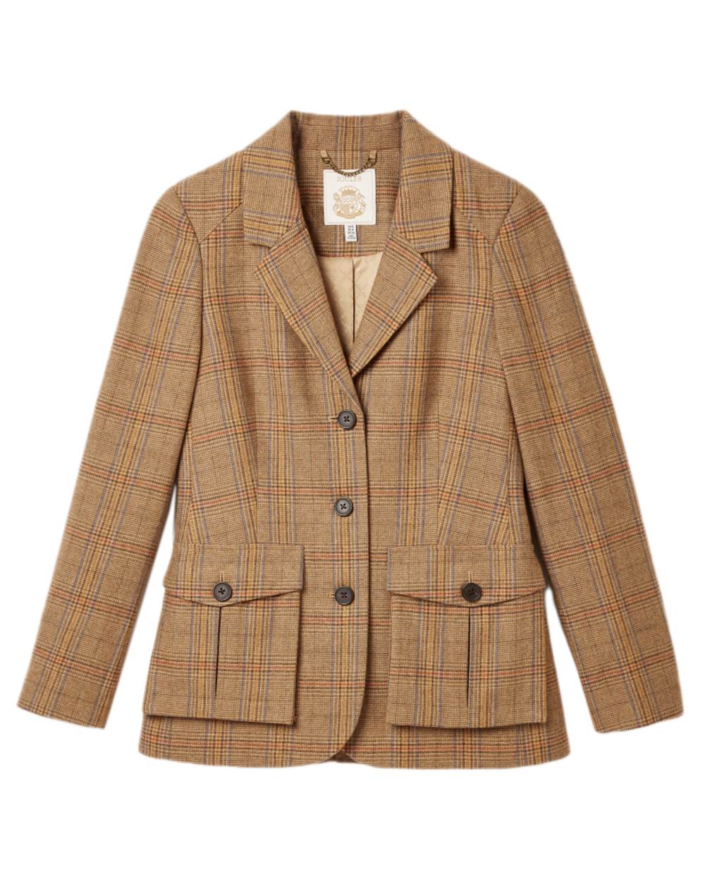 Brown Check Coloured Joules Womens Foxley Tweed Suit Blazer on white background 