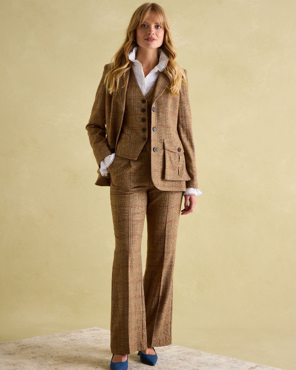 Brown Check Coloured Joules Womens Foxley Tweed Suit Blazer on indoor background 