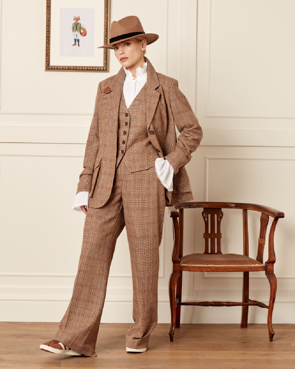 Brown Check Coloured Joules Womens Foxley Tweed Suit Blazer on indoor background 