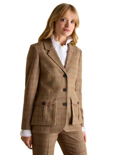 Brown Check Coloured Joules Womens Foxley Tweed Suit Blazer on white background 