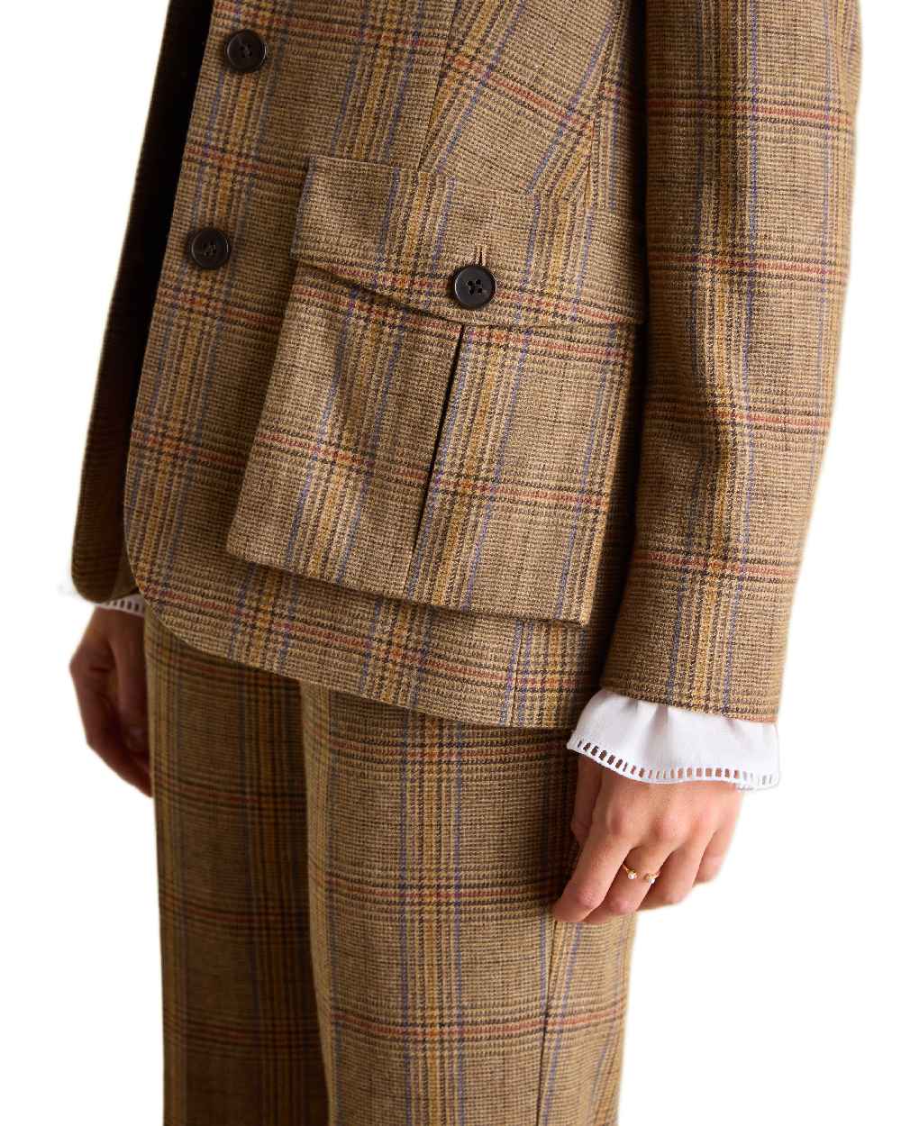 Brown Check Coloured Joules Womens Foxley Tweed Suit Blazer on white background 