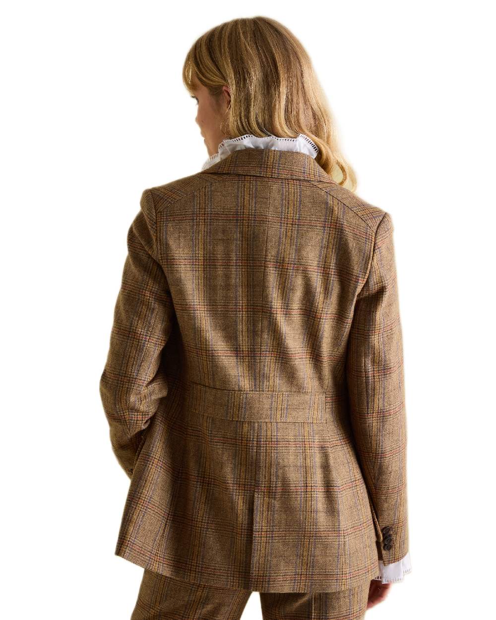 Brown Check Coloured Joules Womens Foxley Tweed Suit Blazer on white background 