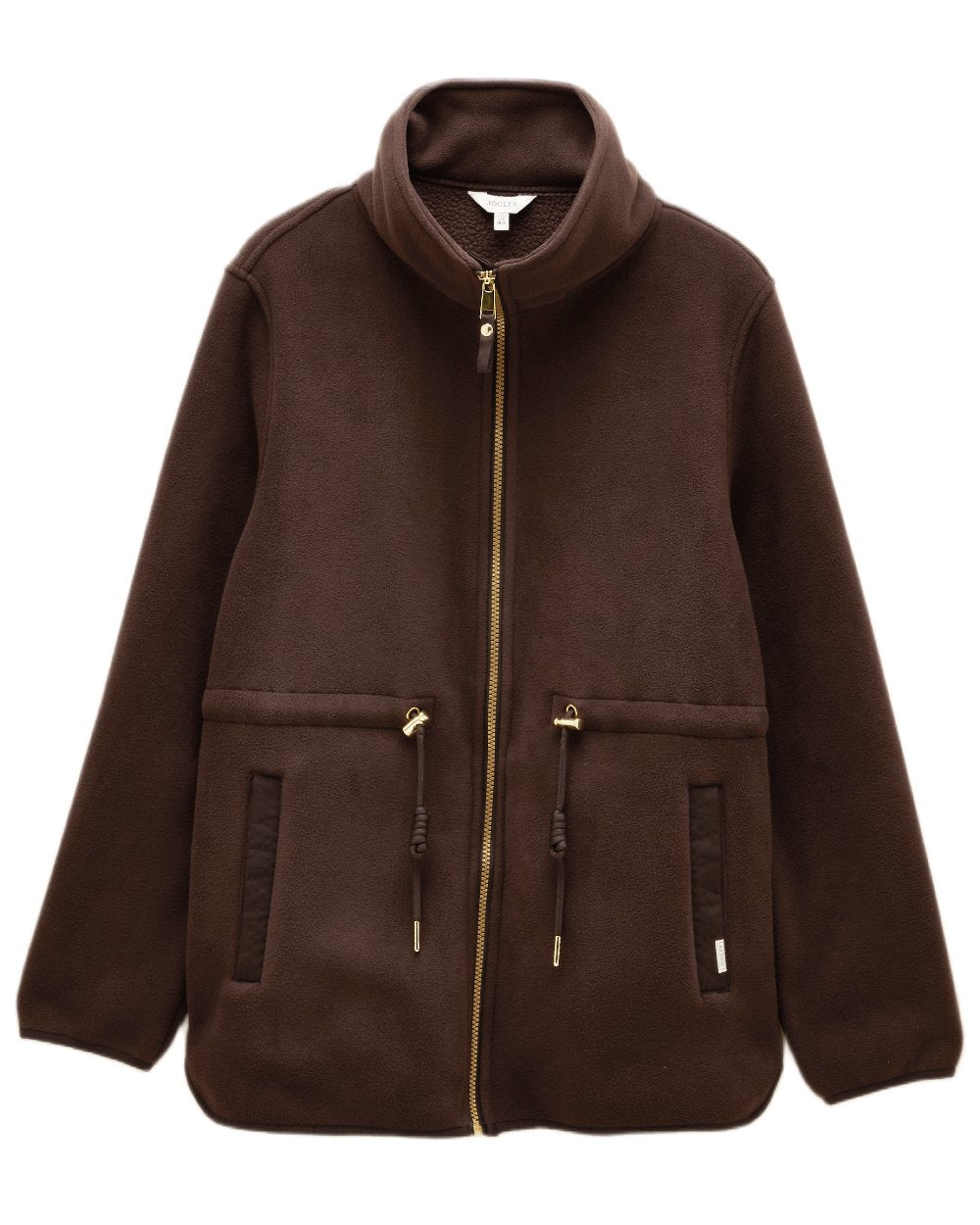 Chocolate Brown coloured Joules Womens Full Zip Longline Fleece Jacket on white background 