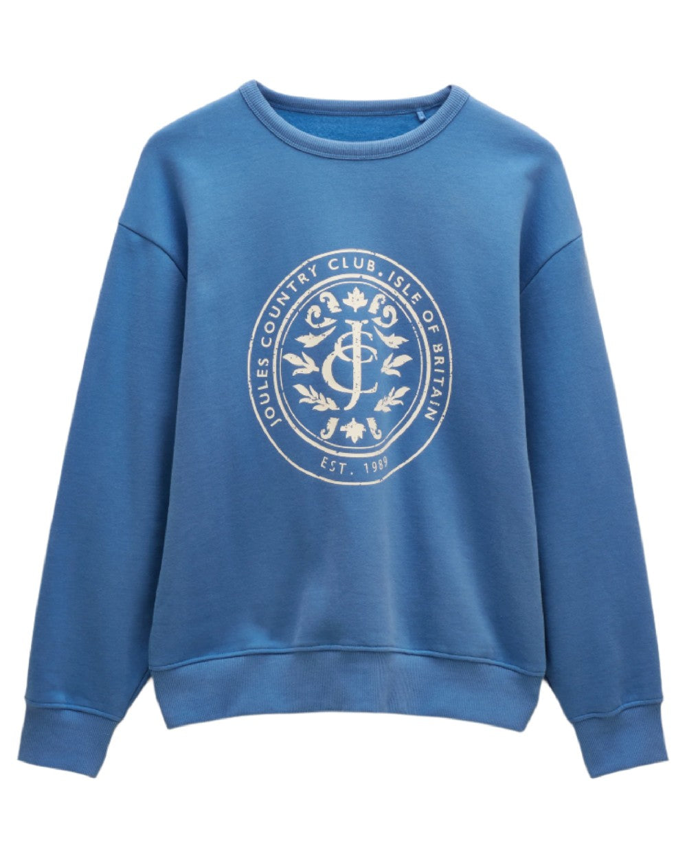 Blue coloured Joules Womens Graphic Crew Neck Sweatshirt on white background 