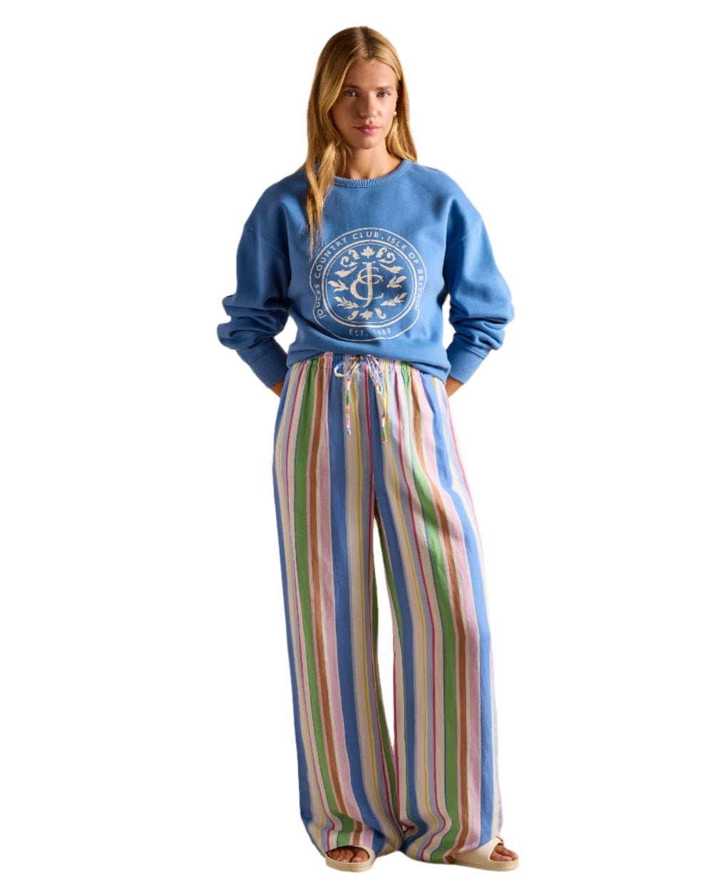 Blue coloured Joules Womens Graphic Crew Neck Sweatshirt on white background 
