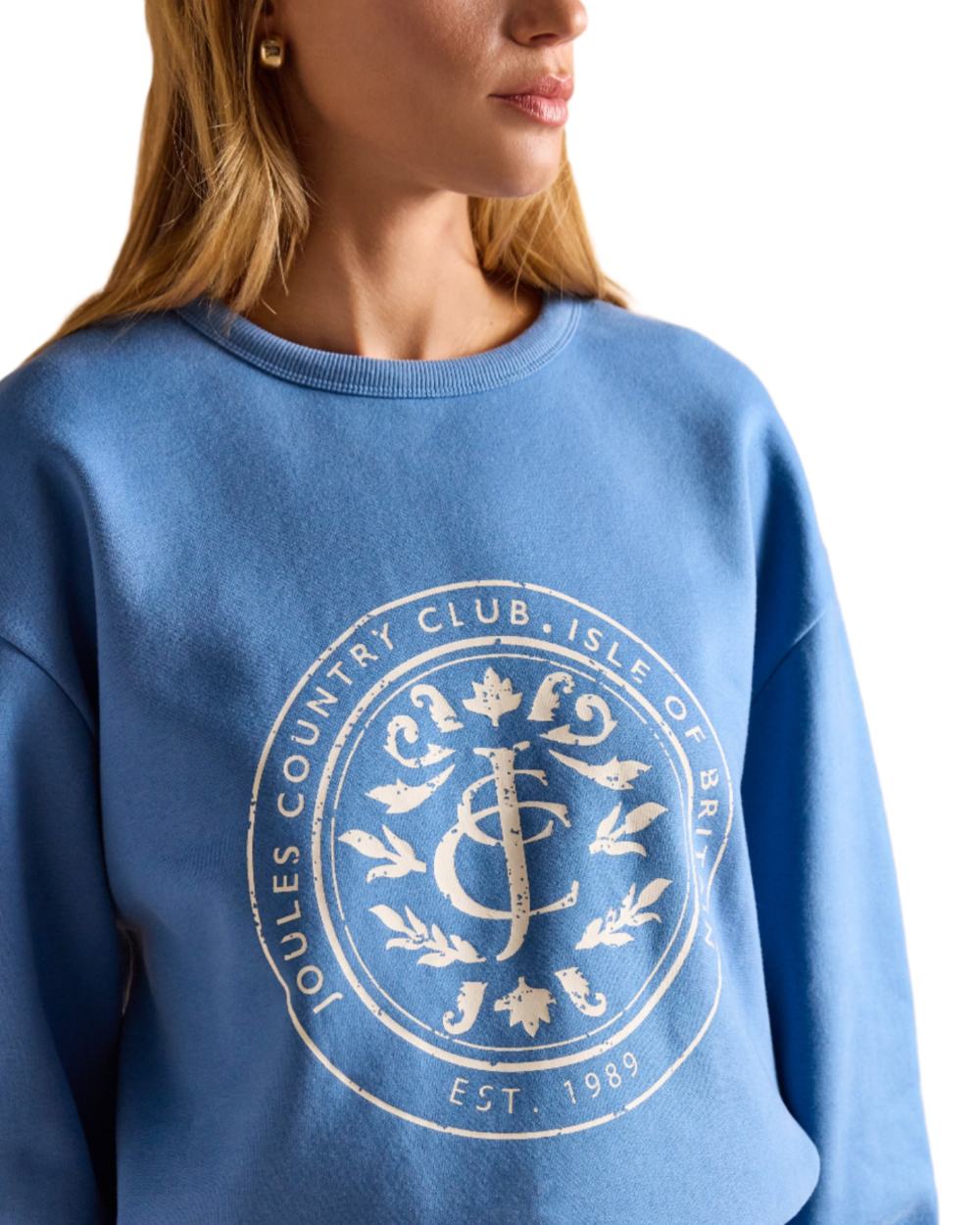Blue coloured Joules Womens Graphic Crew Neck Sweatshirt on white background 