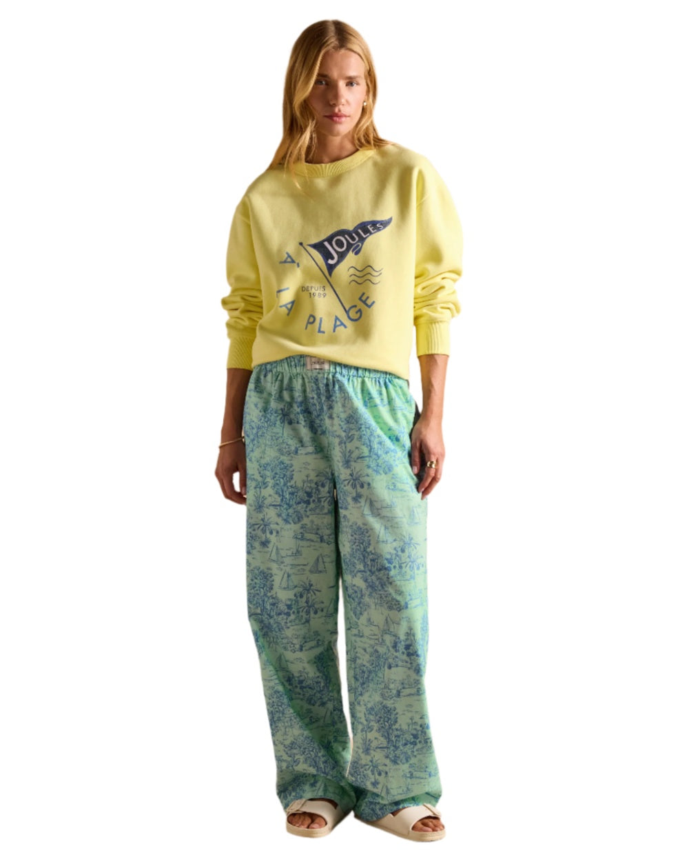 Yellow coloured Joules Womens Graphic Crew Neck Sweatshirt on white background 