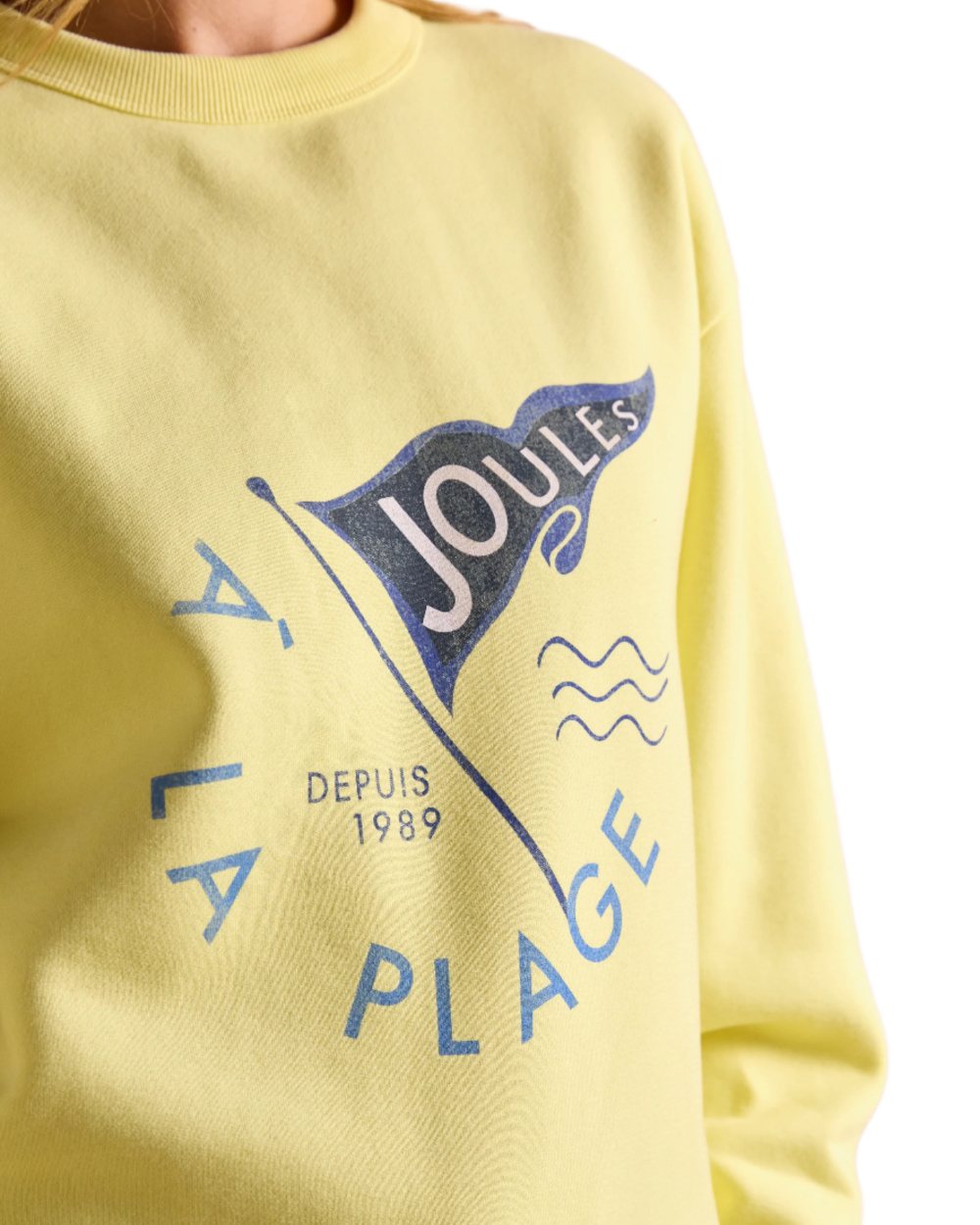 Yellow coloured Joules Womens Graphic Crew Neck Sweatshirt on white background 