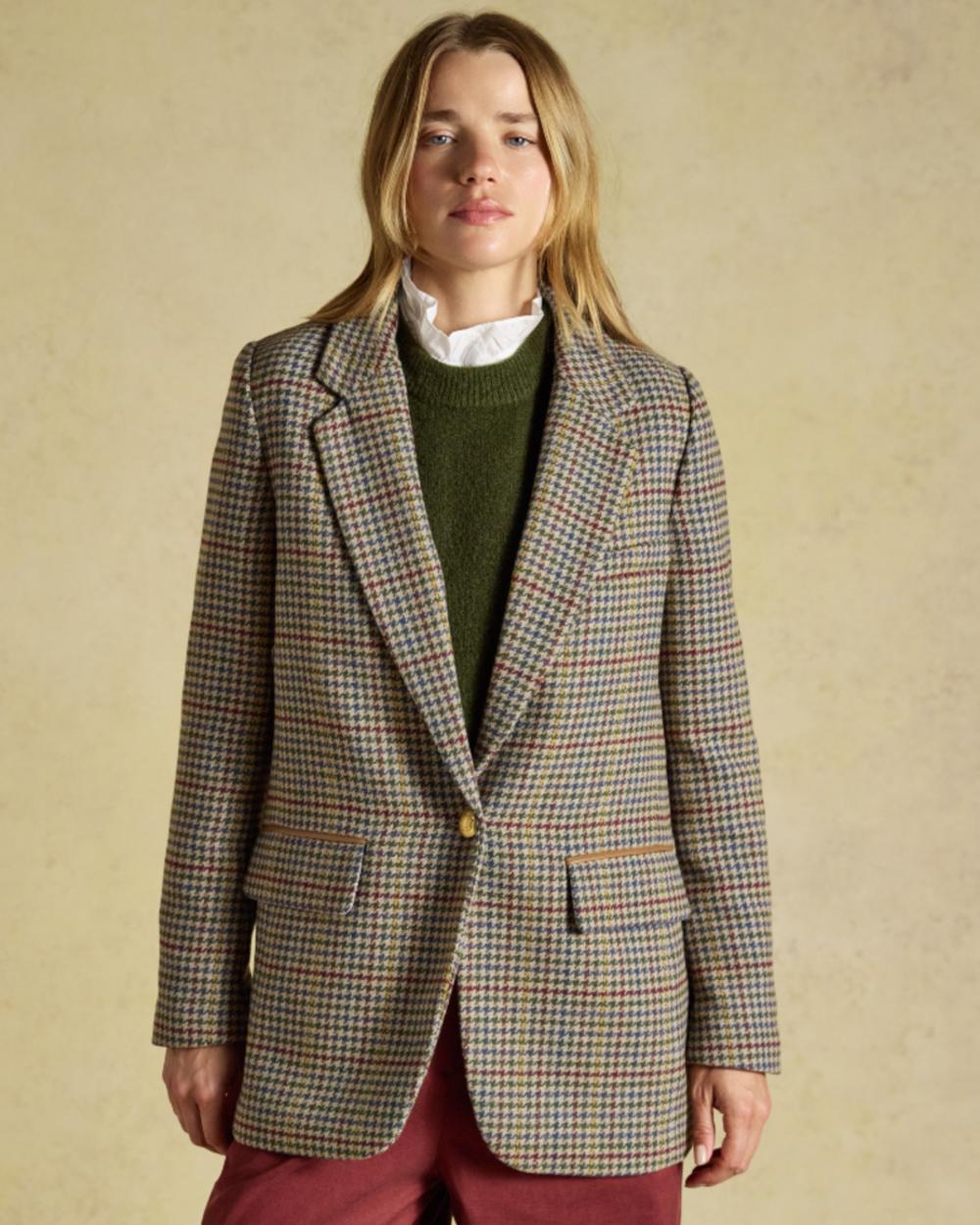 Elton Tweed coloured Joules Womens Hackmore Tweed Blazer on tan background 