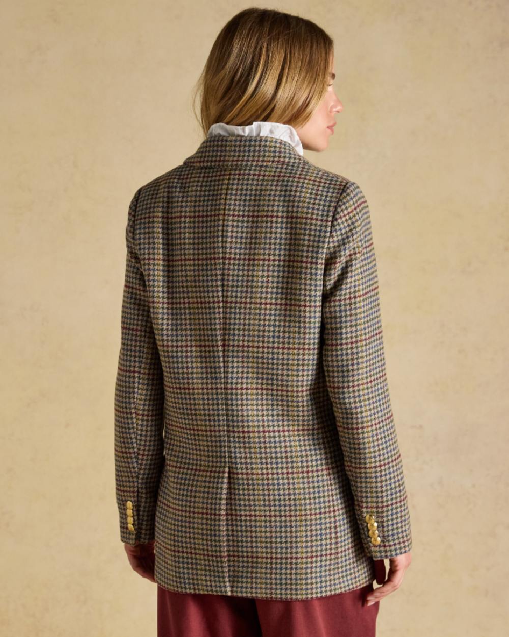 Elton Tweed coloured Joules Womens Hackmore Tweed Blazer on tan background 