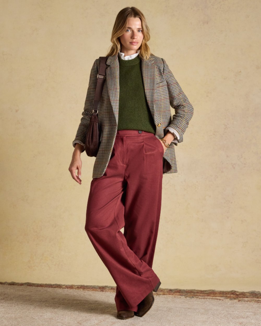 Elton Tweed coloured Joules Womens Hackmore Tweed Blazer on tan background 