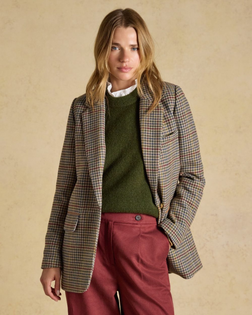 Elton Tweed coloured Joules Womens Hackmore Tweed Blazer on tan background 