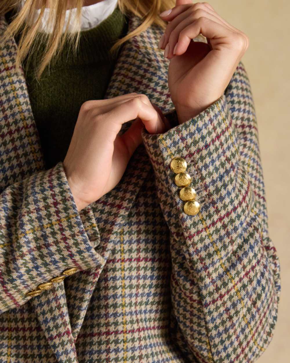 Elton Tweed coloured Joules Womens Hackmore Tweed Blazer on tan background 