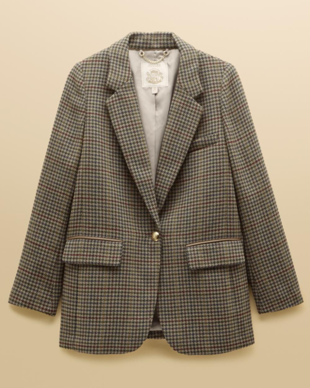 Elton Tweed coloured Joules Womens Hackmore Tweed Blazer on tan background 