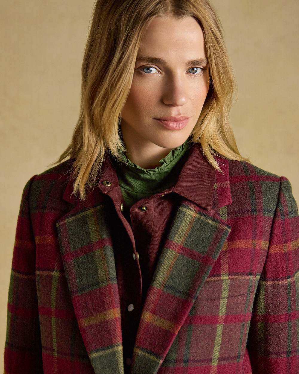 Rusland Tweed Coloured Joules Womens Hackmore Relaxed Fit Wool Blend Tweed Blazer on beige background 