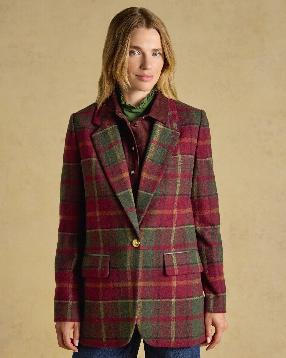 Rusland Tweed Coloured Joules Womens Hackmore Relaxed Fit Wool Blend Tweed Blazer on beige background 