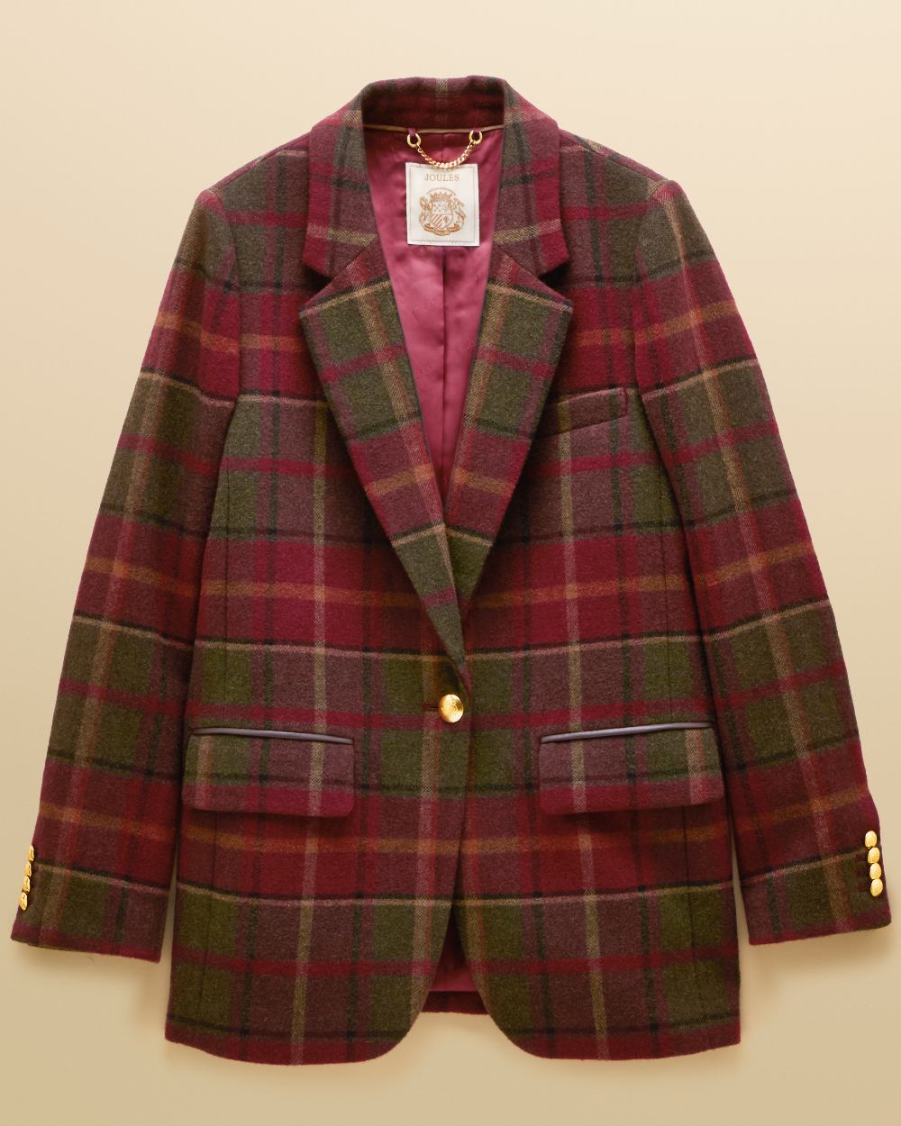 Rusland Tweed Coloured Joules Womens Hackmore Relaxed Fit Wool Blend Tweed Blazer on beige background 