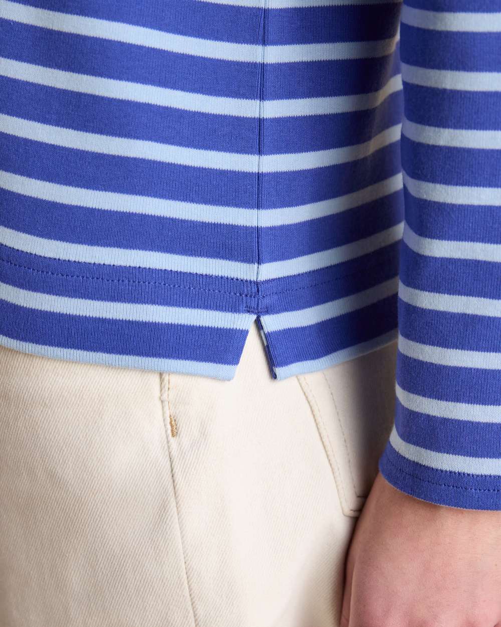 Blue Navy Stripe coloured Joules Womens Harbour Long Sleeve Striped Boat Neck Breton Top on white background 