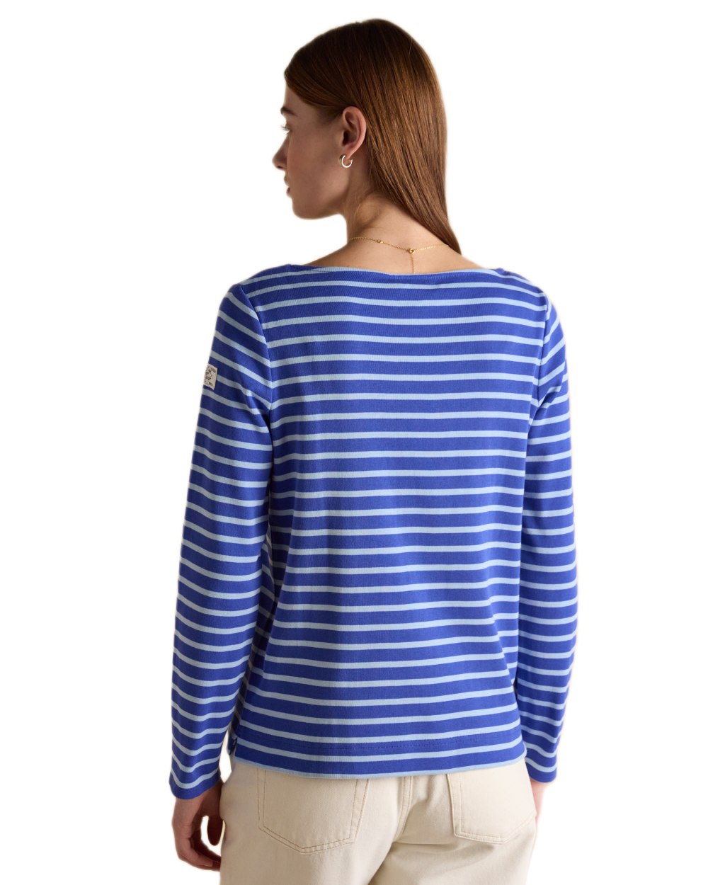 Blue Navy Stripe coloured Joules Womens Harbour Long Sleeve Striped Boat Neck Breton Top on white background 