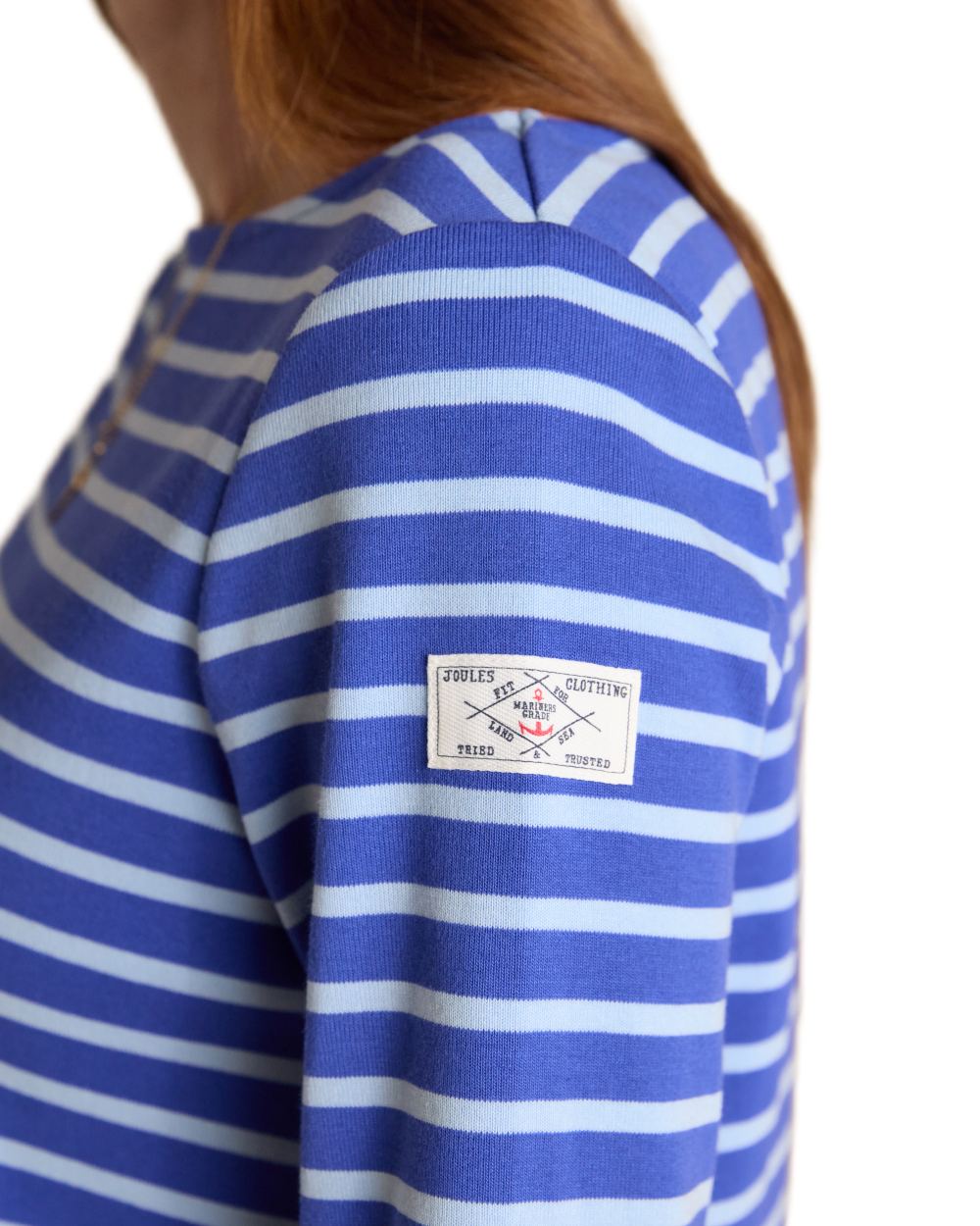 Blue Navy Stripe coloured Joules Womens Harbour Long Sleeve Striped Boat Neck Breton Top on white background 