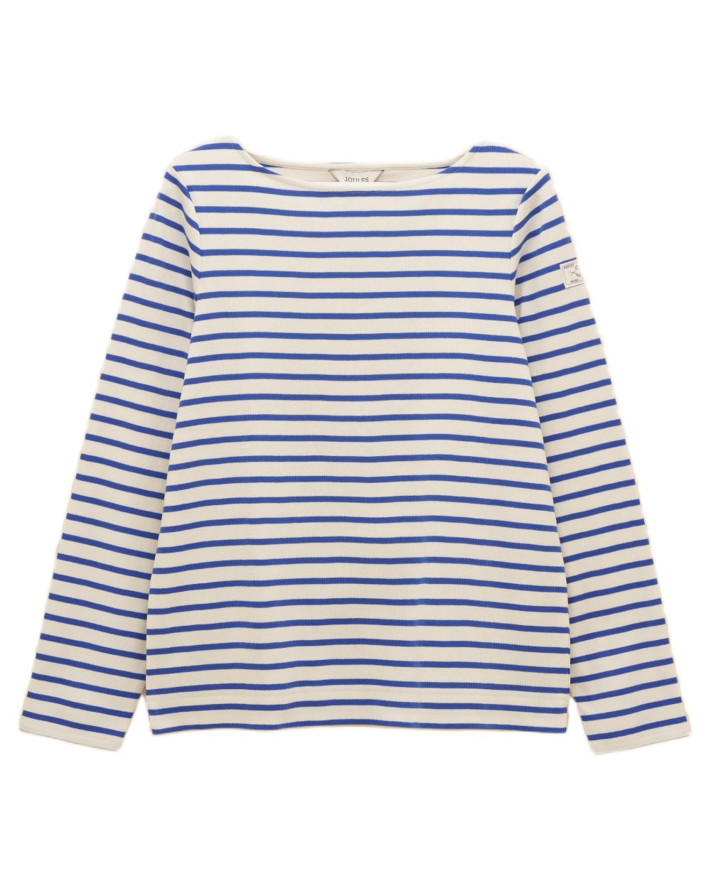 Blue Stripe coloured Joules Womens Harbour Long Sleeve Striped Boat Neck Breton Top on white background 