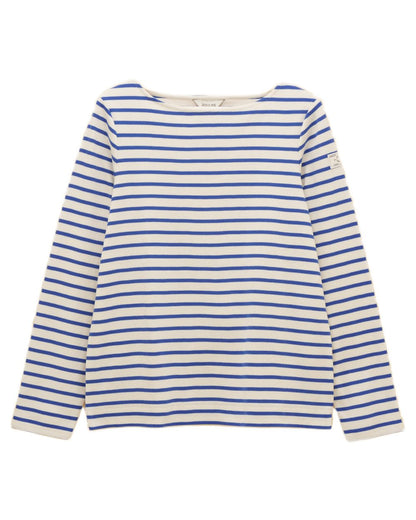 Blue Stripe coloured Joules Womens Harbour Long Sleeve Striped Boat Neck Breton Top on white background 