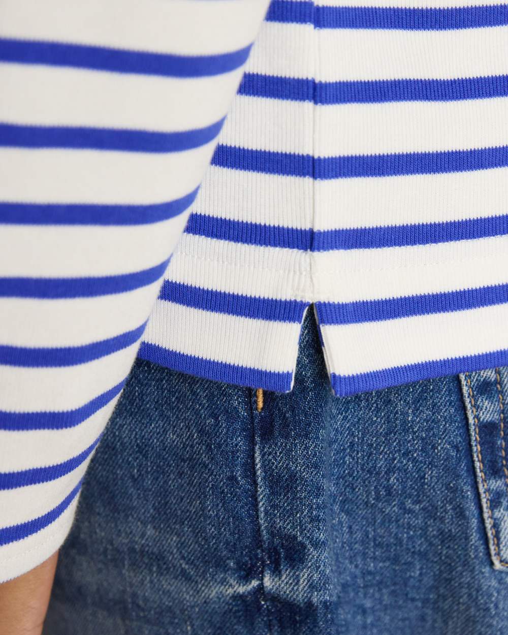 Blue Stripe coloured Joules Womens Harbour Long Sleeve Striped Boat Neck Breton Top on white background 