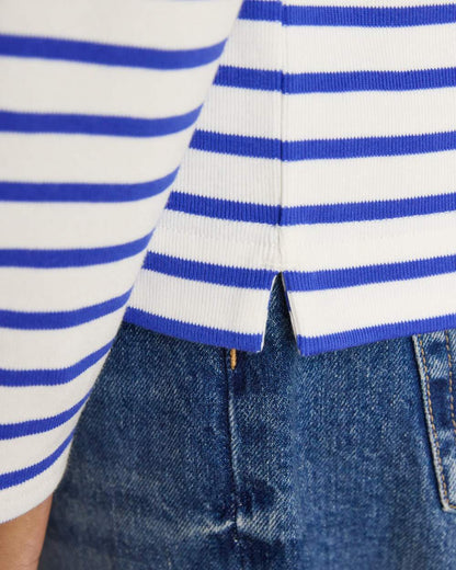 Blue Stripe coloured Joules Womens Harbour Long Sleeve Striped Boat Neck Breton Top on white background 