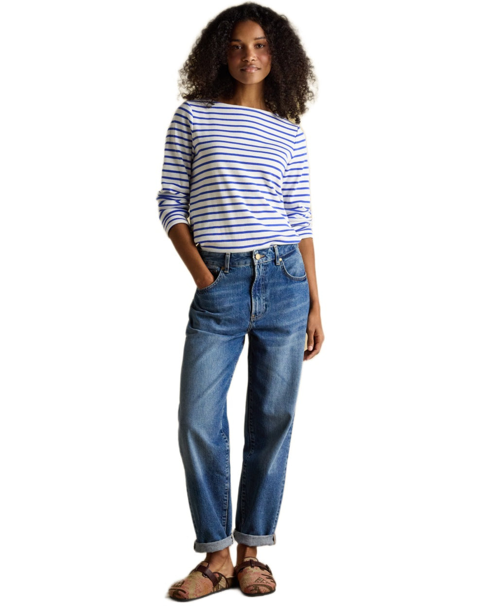 Blue Stripe coloured Joules Womens Harbour Long Sleeve Striped Boat Neck Breton Top on white background 
