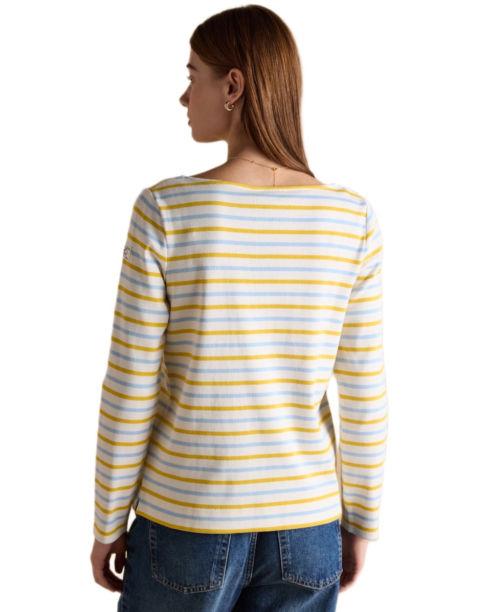Blue yellow Stripe coloured Joules Womens Harbour Long Sleeve Striped Boat Neck Breton Top on white background 