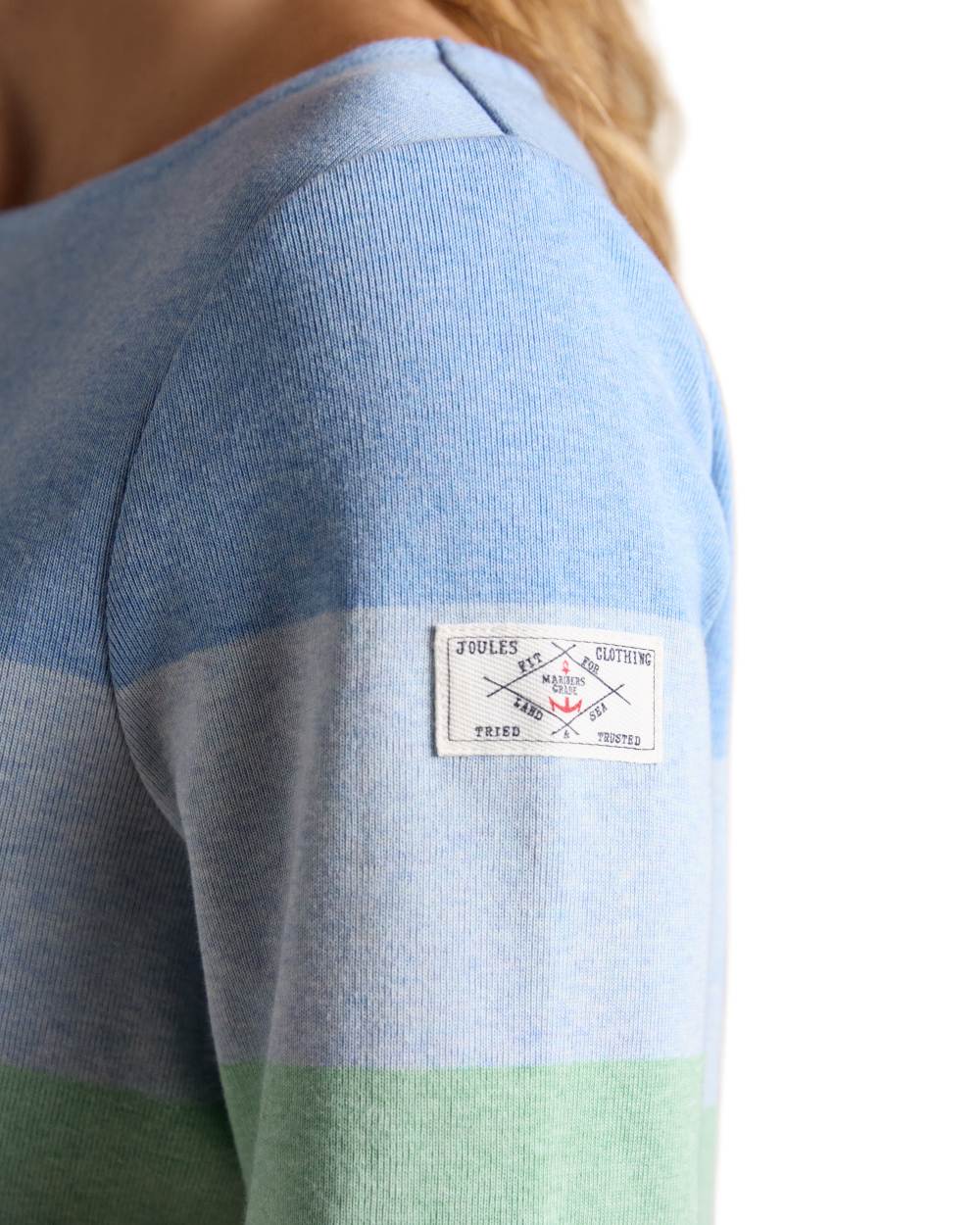 Cream Multi Stripe coloured Joules Womens Harbour Long Sleeve Striped Boat Neck Breton Top on white background 
