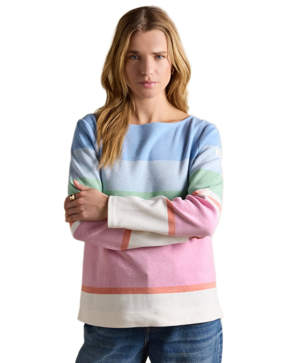 Cream Multi Stripe coloured Joules Womens Harbour Long Sleeve Striped Boat Neck Breton Top on white background 