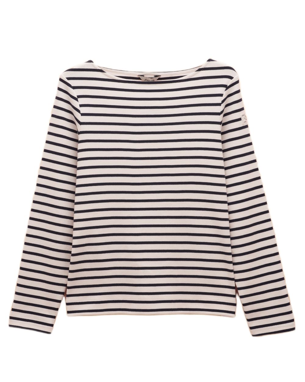 Cream Navy coloured Joules Womens Harbour Long Sleeve Striped Boat Neck Breton Top on white background 