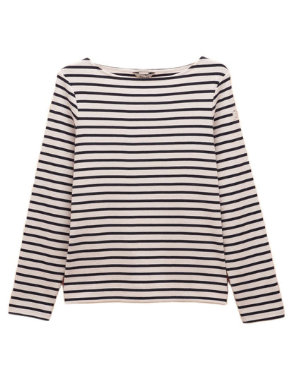 Cream Navy coloured Joules Womens Harbour Long Sleeve Striped Boat Neck Breton Top on white background 