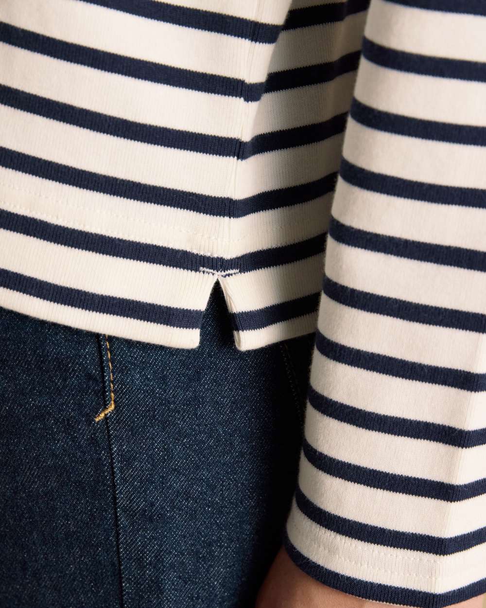 Cream Navy coloured Joules Womens Harbour Long Sleeve Striped Boat Neck Breton Top on white background 