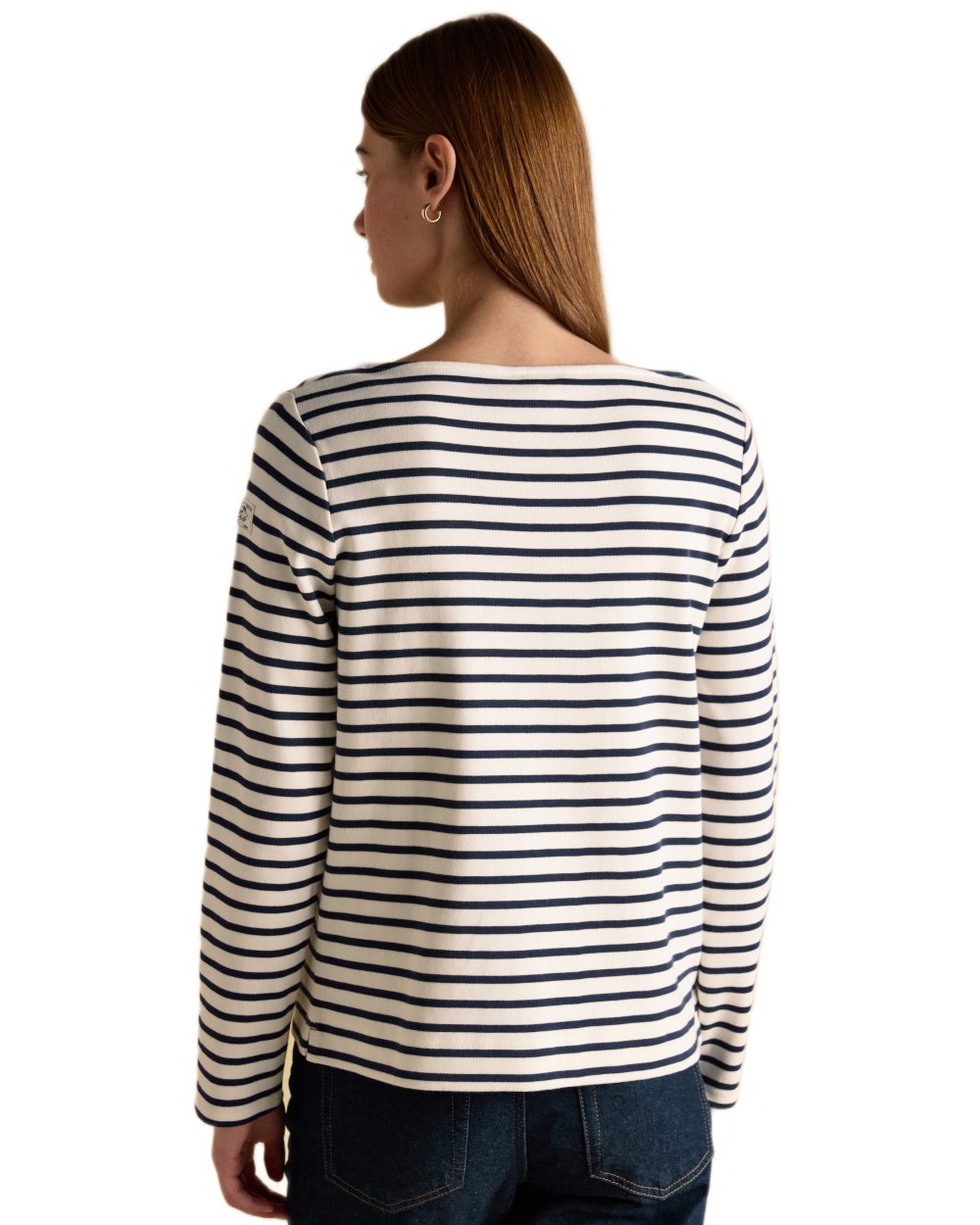 Cream Navy coloured Joules Womens Harbour Long Sleeve Striped Boat Neck Breton Top on white background 